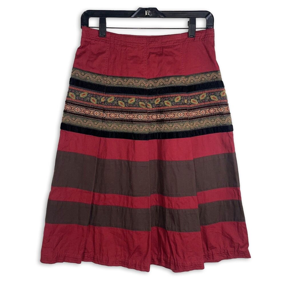 Vintage Harold’s Boho Ribbon Trim Cotton Midi Skirt Size 4 Red Brown Folk 90s